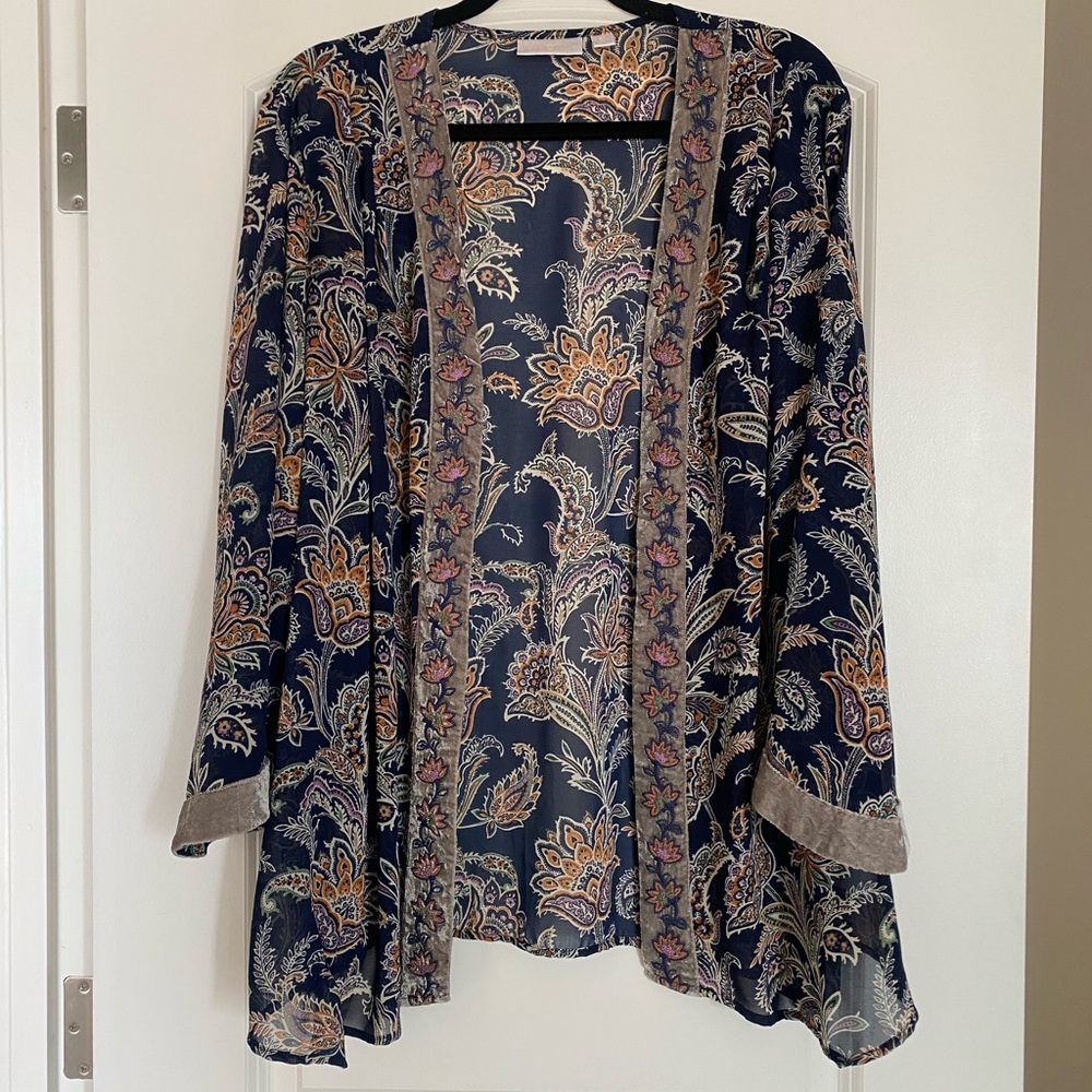 Belle by Kim Gravel Printed Chiffon Cardigan with Embroidered Velvet Trim 2X